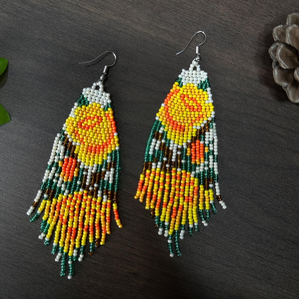 Elegant Handmade Flower Beaded Tassel Drop Earrings for Women